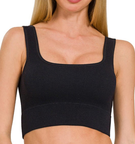 Ribbed Tank Top with Bra Pads - Noir Black