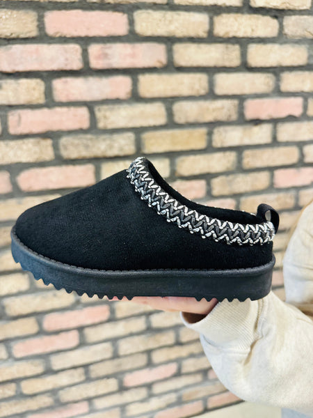 Kids Embroidered Trim Slippers - Black