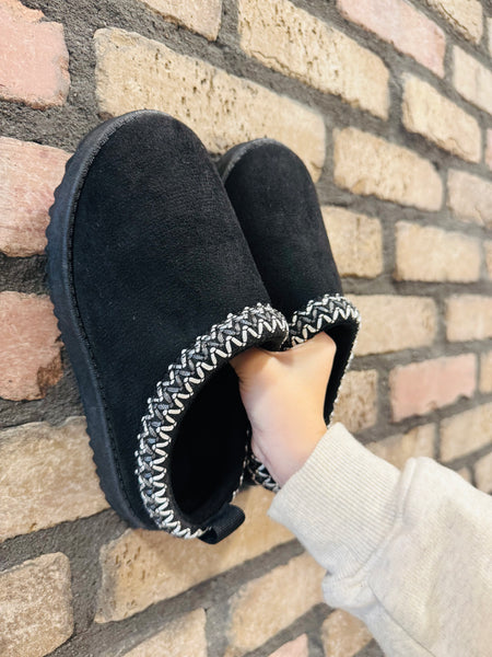 Kids Embroidered Trim Slippers - Black