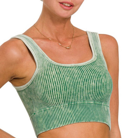 Ribbed Tank Top with Bra Pads - DK Green