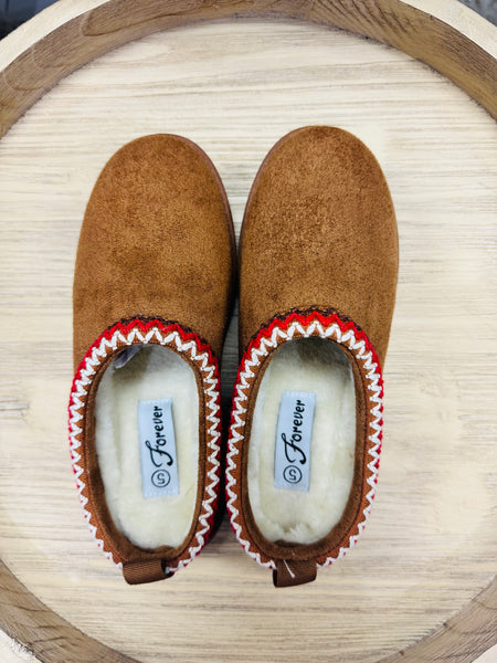 Embroidered Trim Mule Slippers - Tan