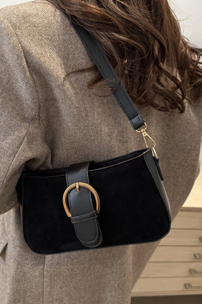 Elegant Suede Retro Buckle Bag - Black