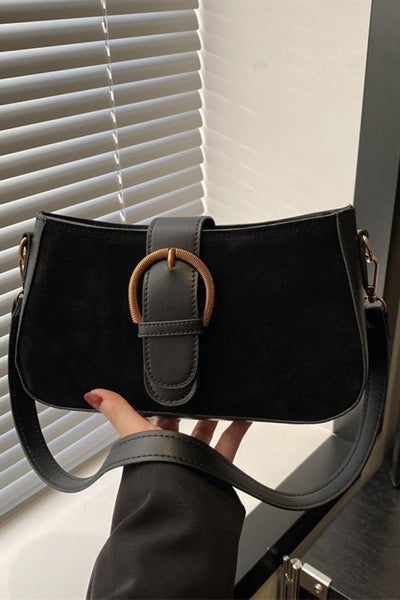 Elegant Suede Retro Buckle Bag - Black