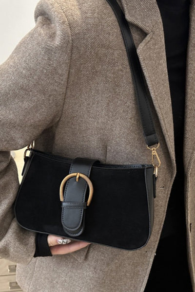 Elegant Suede Retro Buckle Bag - Black