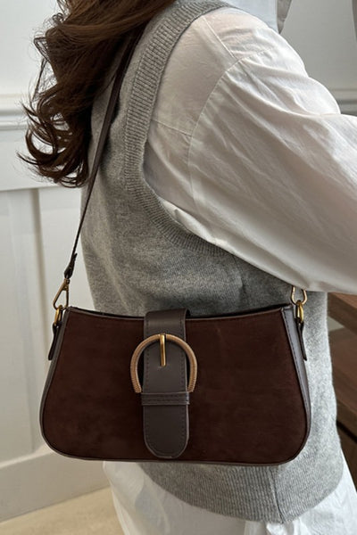 Elegant Suede Retro Buckle Bag - Brown