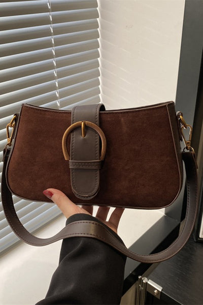 Elegant Suede Retro Buckle Bag - Brown