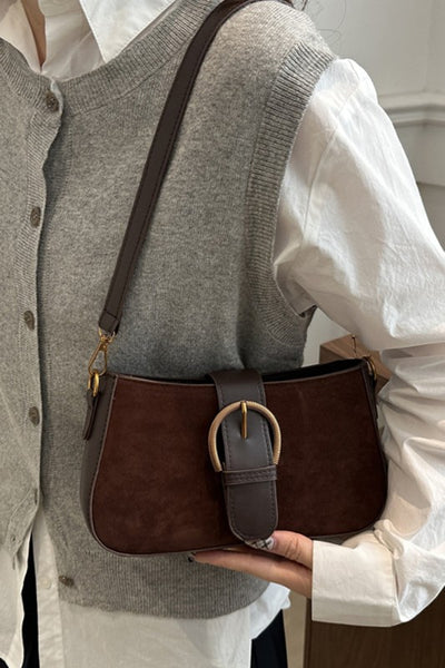 Elegant Suede Retro Buckle Bag - Brown