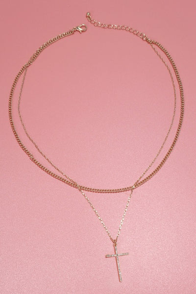 Double Layer Rhinestone Cross Charm Necklace  - Gold