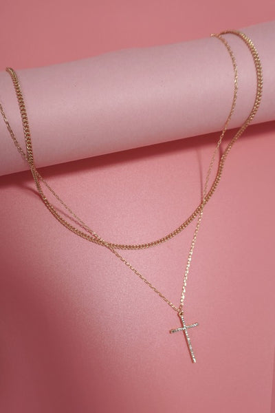Double Layer Rhinestone Cross Charm Necklace  - Gold