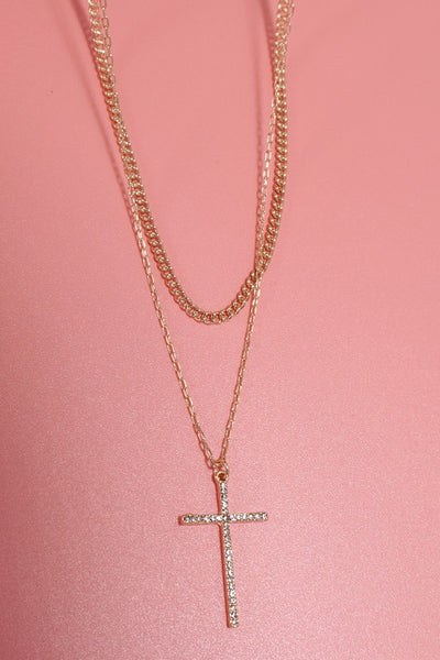 Double Layer Rhinestone Cross Charm Necklace  - Gold