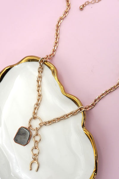 Grey Stone Horseshoe Drop Chain Necklace-Gold