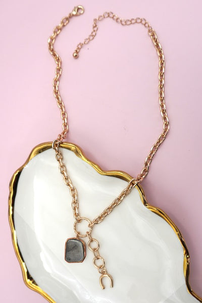 Grey Stone Horseshoe Drop Chain Necklace-Gold