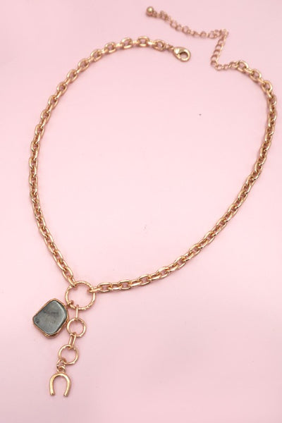 Grey Stone Horseshoe Drop Chain Necklace-Gold
