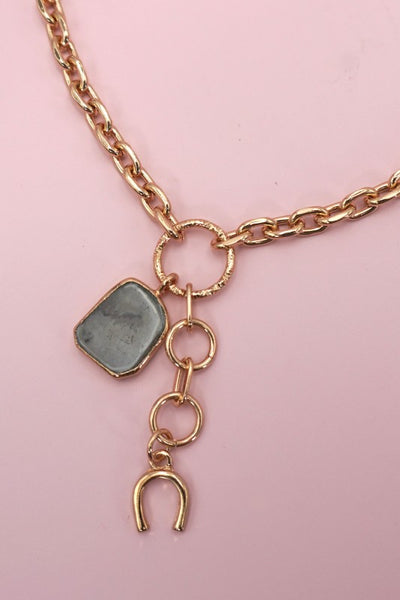 Grey Stone Horseshoe Drop Chain Necklace-Gold