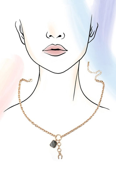 Grey Stone Horseshoe Drop Chain Necklace-Gold