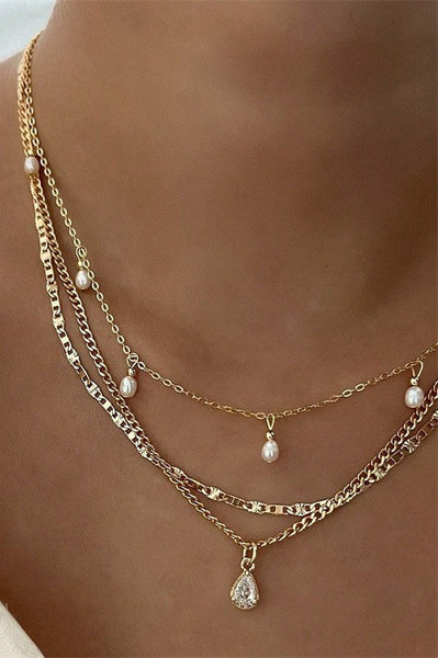 Multi Layer Chain Teardrop Charm Necklace-Gold