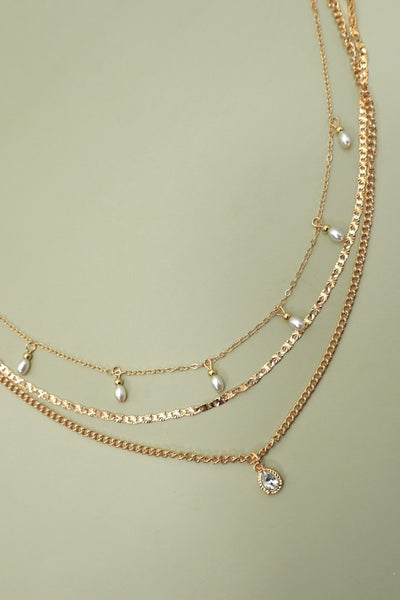 Multi Layer Chain Teardrop Charm Necklace-Gold