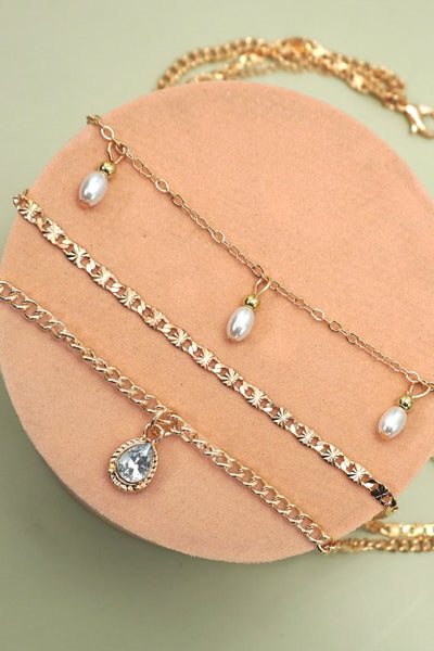 Multi Layer Chain Teardrop Charm Necklace-Gold