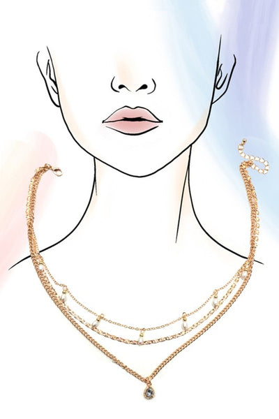 Multi Layer Chain Teardrop Charm Necklace-Gold