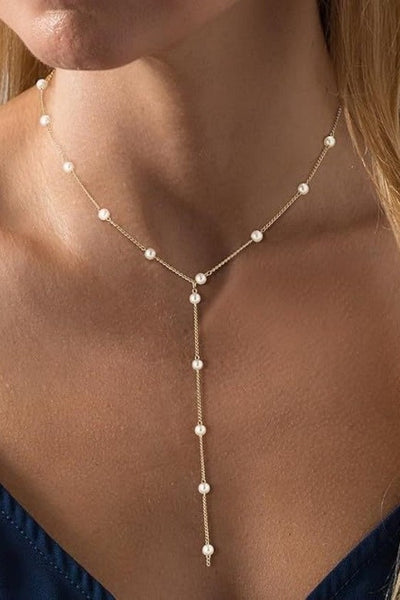 18k Stainless Steel Free Pearl Y Necklace - Gold