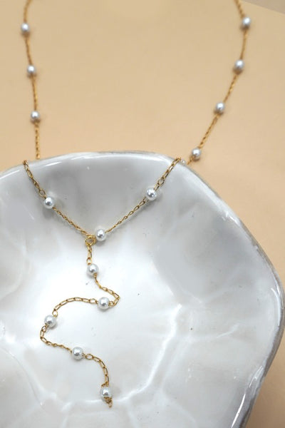18k Stainless Steel Free Pearl Y Necklace - Gold