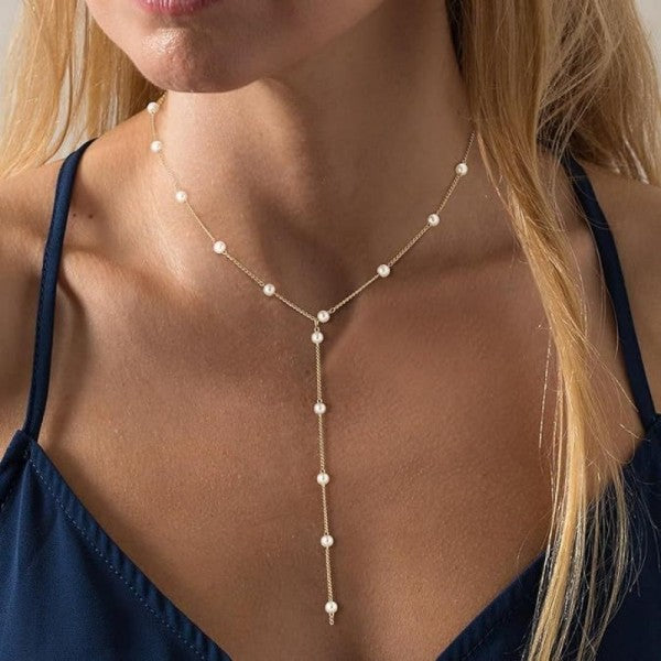 18k Stainless Steel Free Pearl Y Necklace - Gold