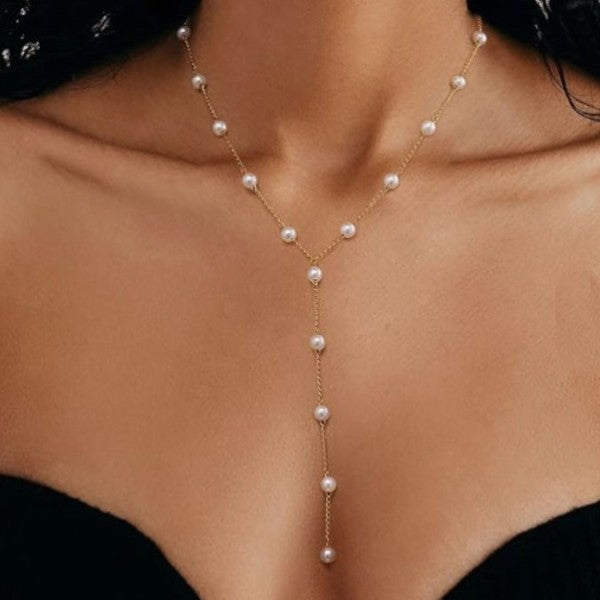 18k Stainless Steel Free Pearl Y Necklace - Gold