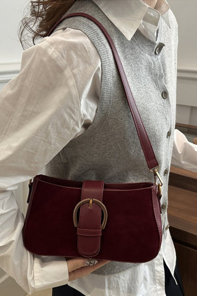 Elegant Suede Retro Buckle Bag - Cabernet