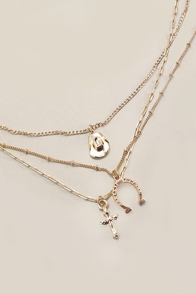 Trio Layer Horseshoe Hat Cross Charm Necklace - Gold