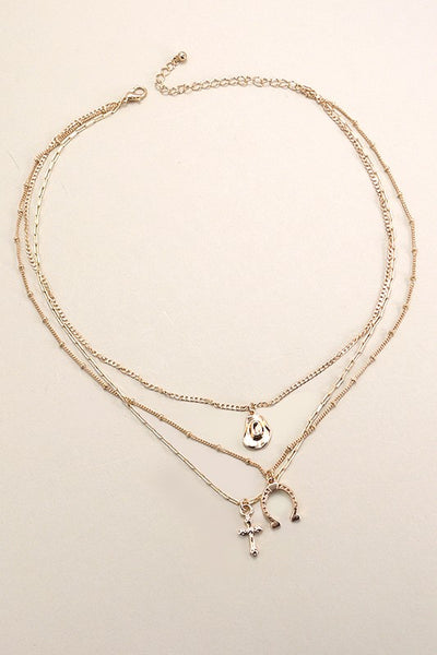 Trio Layer Horseshoe Hat Cross Charm Necklace - Gold