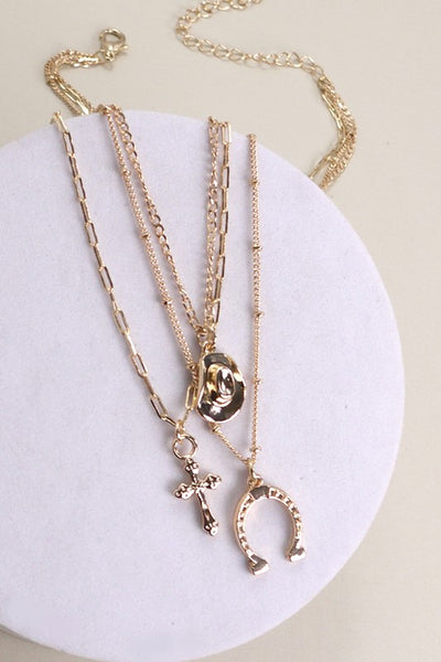 Trio Layer Horseshoe Hat Cross Charm Necklace - Gold