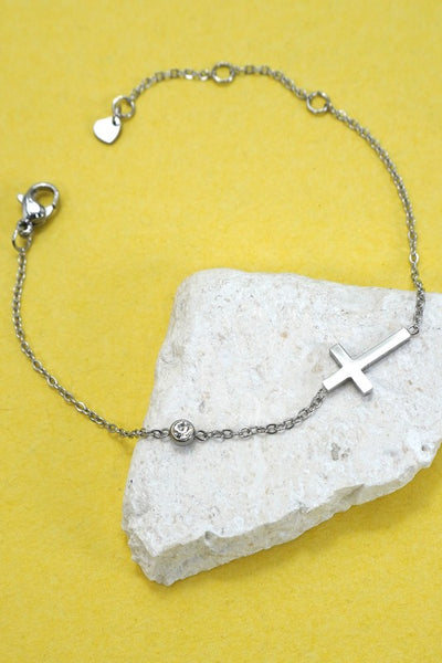 18K Stainless Steel Cross Bracelet - Silver
