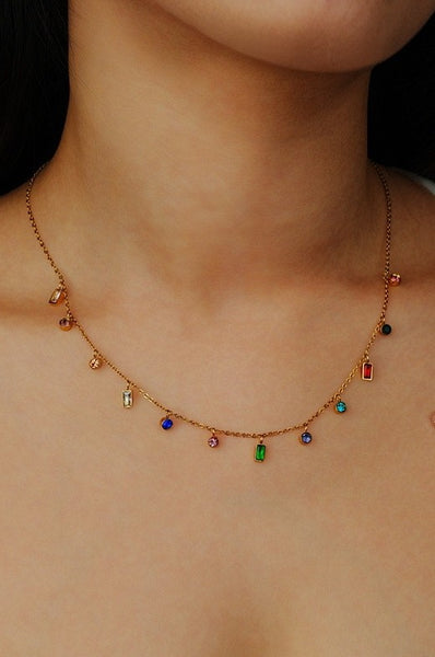 Rainbow Stone Dangle Necklace - Gold