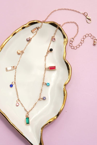 Rainbow Stone Dangle Necklace - Gold