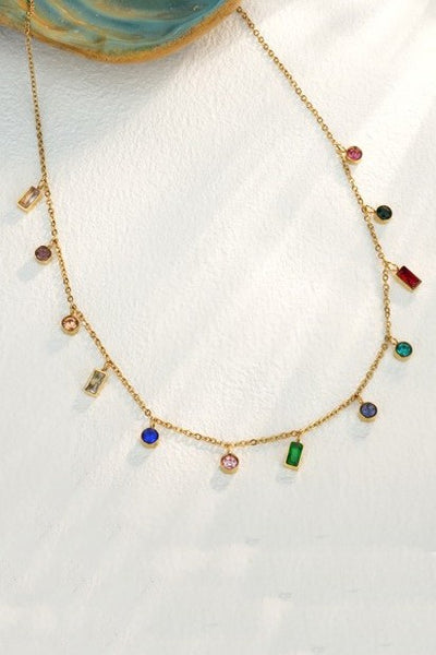 Rainbow Stone Dangle Necklace - Gold