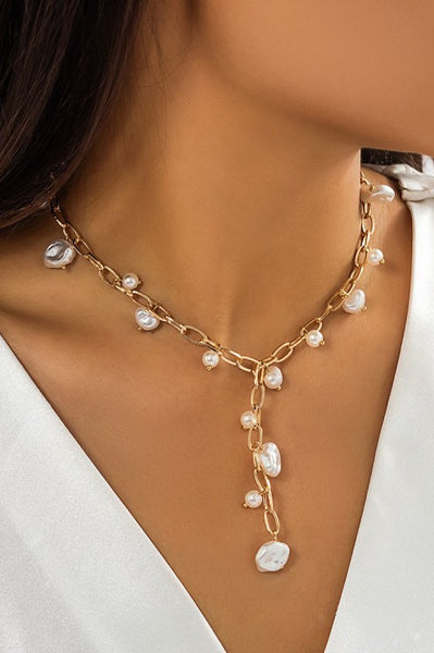 Boho Y Pearl Station Necklace - Gold