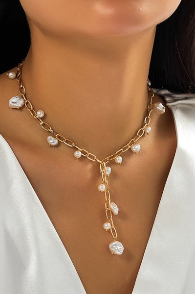 Boho Y Pearl Station Necklace - Gold