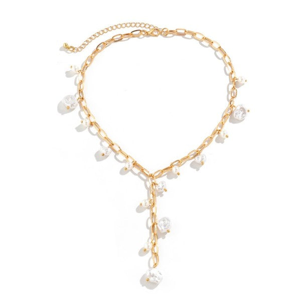 Boho Y Pearl Station Necklace - Gold