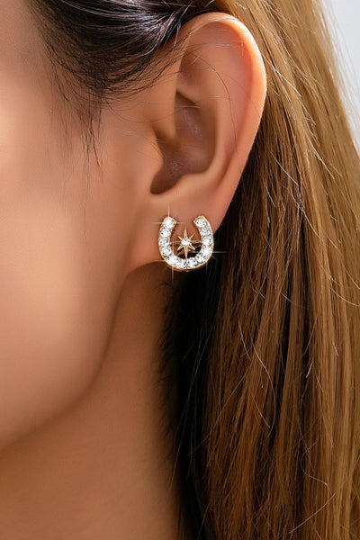 Pave Crystal Horseshoe Star Stud Earrings - Gold