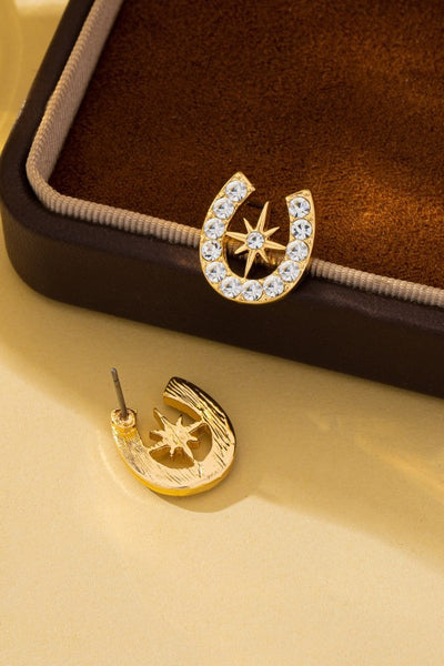 Pave Crystal Horseshoe Star Stud Earrings - Gold