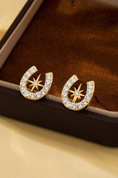 Pave Crystal Horseshoe Star Stud Earrings - Gold