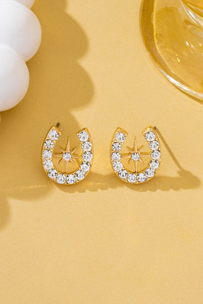 Pave Crystal Horseshoe Star Stud Earrings - Gold