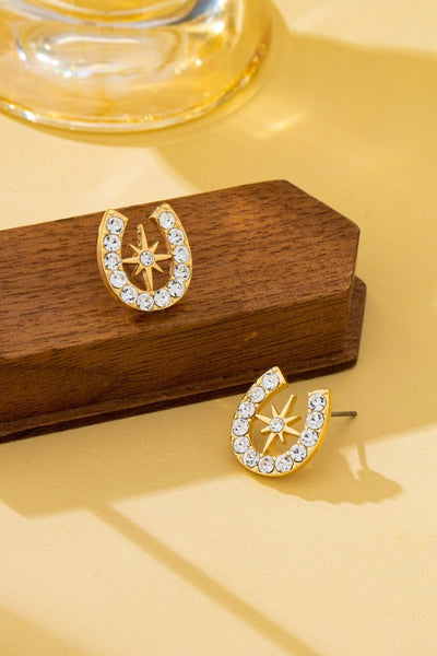 Pave Crystal Horseshoe Star Stud Earrings - Gold