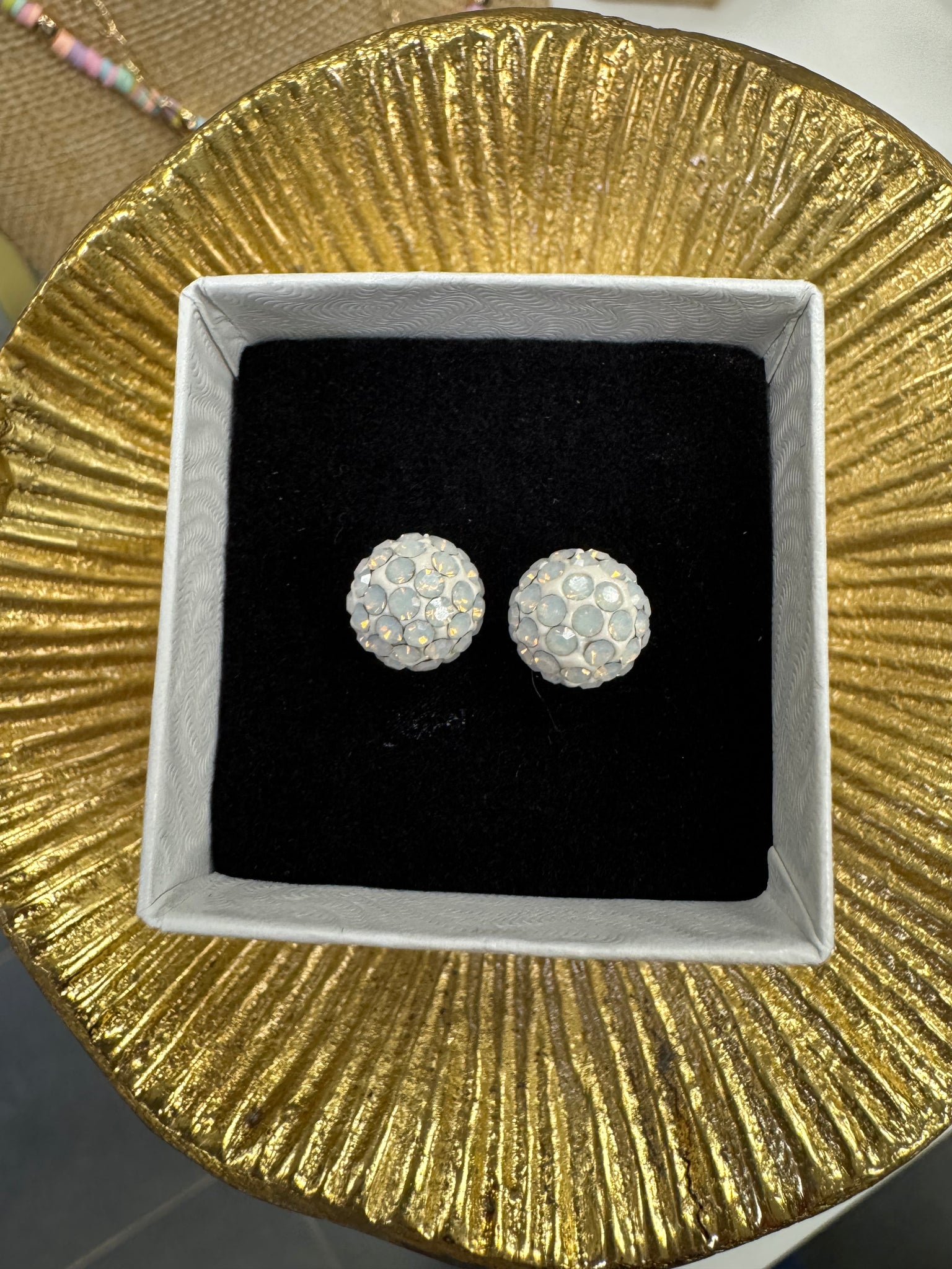 Crystal Ball Earrings - White Opal 8mm