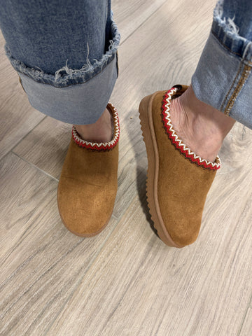Embroidered Trim Mule Slippers - Tan