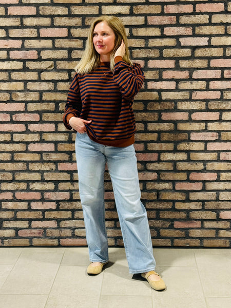 Striped V-Stitch Pullover - Rust