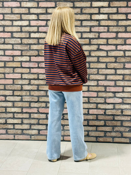 Striped V-Stitch Pullover - Rust
