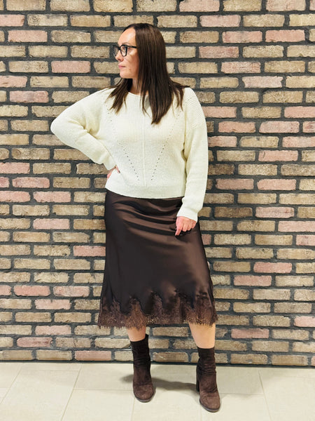 Lace Trim Satin Midi Skirt - Brown