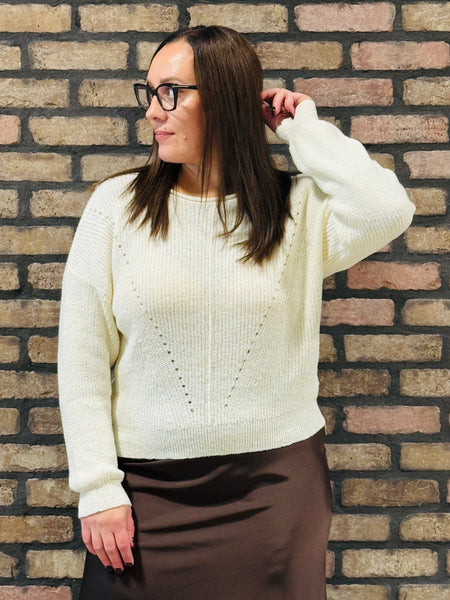 Pointelle V-Stitch Sweater - Cream