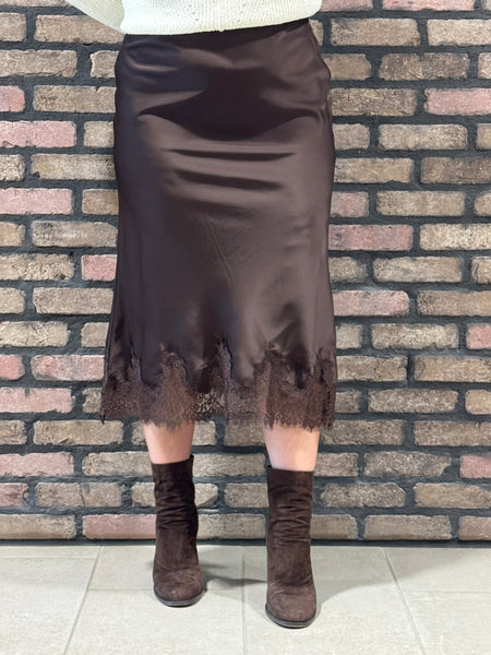 Lace Trim Satin Midi Skirt - Brown
